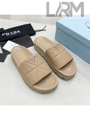 Prada Calf Leather Flat Slide Sandals Beige 2022 032880