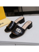 Fendi Stone Embossed Leather Slide Sandals 4cm Black 2022