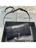 Balenciaga Hourglass Sling Shoulder Bag in Shiny Crocodile Embossed Calfskin Dark Blue 2021