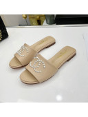 Chanel Pearly CC Leather Flat Slide Sandals Beige 2022