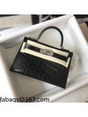 Hermes Kelly Mini Bag 19cm in Crocodile Embossed Calf Leather Black/Silver 2021 