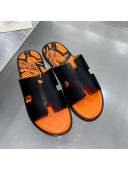 Hermes Men's Izmir Print Leather Flat Slide Sandals Black/Orange 2021 33