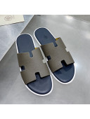 Hermes Men's Izmir Palm-Grained Leather Flat Slide Sandals Grey/Dark Blue 2021 38