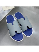 Hermes Men's Izmir Palm-Grained Leather Flat Slide Sandals Light Grey/Sky Blue 2021 44