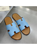 Hermes Men's Izmir Smooth Leather Flat Slide Sandals Light Blue/Brown 2021 50