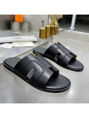 Hermes Men's Izmir Stitching Leather Flat Slide Sandals All Black 2021 54