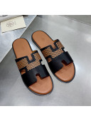 Hermes Men's Izmir Print Leather Flat Slide Sandals Black/Brown 2021 22