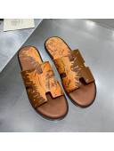 Hermes Men's Izmir Print Leather Flat Slide Sandals Brown 2021 24