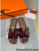 Hermes Oran Stone Embossed Leather Flat Slide Sandals Burgundy 2022 05