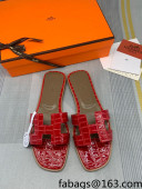 Hermes Oran Stone Embossed Leather Flat Slide Sandals Red 2022 06