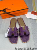 Hermes Oran Crocodile Embossed Leather Flat Slide Sandals Purple 2022 03