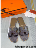 Hermes Oran Crocodile Embossed Leather Flat Slide Sandals Grey 2022 05