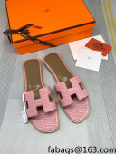 Hermes Oran Crocodile Embossed Leather Flat Slide Sandals Pink 2022 12