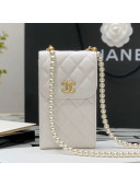 Chanel Calfskin Phone Holder Clutch Bag with Pearl Chain White 2021