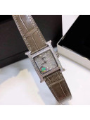 Hermes H-Our Crocodile Embossed Leather Crystal Watch 26x26mm Grey 2020