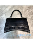 Balenciaga Hourglass Large Top Handle Bag in Shiny Crocodile Embossed All Black 2020