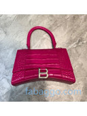 Balenciaga Hourglass Small Top Handle Bag in Shiny Crocodile Embossed Leather Hot Pink/Silver 2020