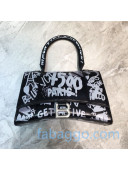 Balenciaga Hourglass Small Top Handle Bag in Graffiti Smooth Calfskin Black/Silver 2020