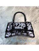 Balenciaga Hourglass Small Top Handle Bag in Graffiti Crocodile Embossed Leather All Black 2020