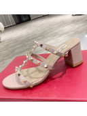 Valentino Rockstud Calfskin Slide Sandal 6cm Nude Pink/Gold 2021