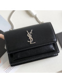 Saint Laurent Sunset Chain Wallet in Crystal-Grained Leather 452157 Black/Silver 2019