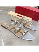 Valentino Rockstud Calfskin Flat Slide Sandal Silver 2021