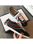 Gucci Crystal Stripes Sneakers in Black Patent Crinkled Leather 2019