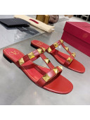 Valentino Roman Stud Calfskin Flat Slide Sandals Red 2021