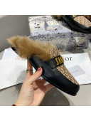 Dior J'Adior Flat Fur Mules in Brown Oblique Embroidery 2020