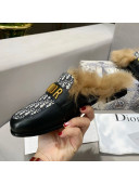 Dior J'Adior Flat Fur Mules in Black Oblique Embroidery 2020