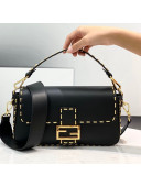 Fendi Baguette Medium Bag in Metal Stitching Leather Black 2021