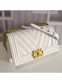 Chanel Chevron Patchwork Calfskin Medium Classic Boy Flap Bag White 2019