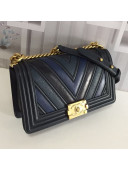 Chanel Chevron Patchwork Calfskin Medium Classic Boy Flap Bag Blue 2019