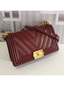 Chanel Chevron Patchwork Calfskin Medium Classic Boy Flap Bag Burgundy 2019