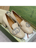 Gucci Leather Loafer Pumps 5cm with Crystal Double G Beige 2022