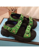 Gucci Flat Leather and Mesh Sandal with Studs 549909 Green/Black 2019 