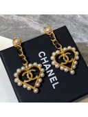 Chanel Chain Leather and Pearl Heart Pendant Earrings Black/White/Gold 2019