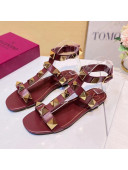 Valentino Roman Stud Calfskin Strap Flat Sandals Burgundy 2021