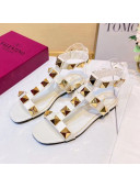 Valentino Roman Stud Calfskin Strap Flat Sandals White 2021