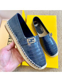 Fendi Crocodile Embossed Leather Espadrilles with FF Metal Buckle Blue 2020