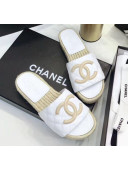 Chanel CC Logo Lambskin Espadrilles Mules Sandals G35603 White/Beige 2020