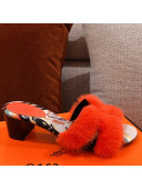 Hermes Oran Mink Fur Heeled Slide Sandals Orange 2021