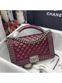 Chanel Wax Leather Medium Boy Flap Bag with Chain and Top Handle Burgundy 2021