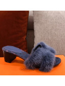 Hermes Oran Mink Fur Heeled Slide Sandals Navy Blue 2021