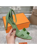 Hermes Premiere Grained Leather Heel 9cm Sandals Green 2021 25