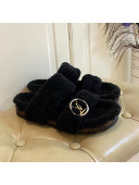 Louis Vuitton Bom Dia Shearling Wool Flat Mules Sandals Black 2020