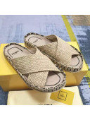 Fendi Reflections Raffia Flat Slide Sandals Beige 2021