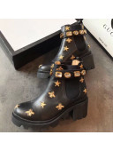 Gucci Bee Star Embroidered Leather Short Platform Boot with Crystal Belt 557735 Black 2019