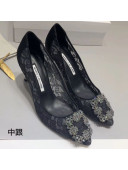 Manolo Blahnik Silk and Lace Mid-Heel Pumps with Crystal Flower Buckle Black