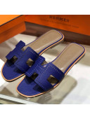 Hermes Santorini Epsom Calfskin Cut-out Classic H Flat Slide Sandals Blue 2021 11